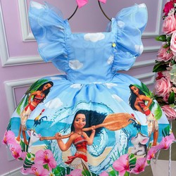 Vestido temático Estampado - Moana - Azul Claro 