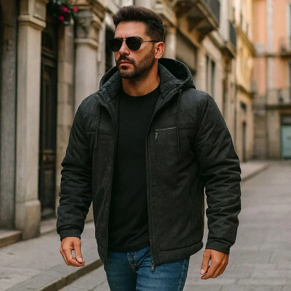 Jaqueta Sarja Masculina Com Capuz Removível Forrada