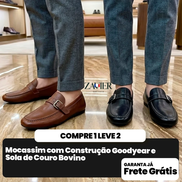 [COMPRE 1 E LEVE 2] Mocassins retrô em couro legítimo com fivela metálica | Estilo casual durável