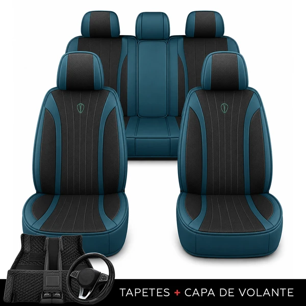 Kit Completo de Capas para Banco de Carro Protecar em Couro Legítimo Universal 5 Lugares Com Airbag + Tapetes e Capa de Volante