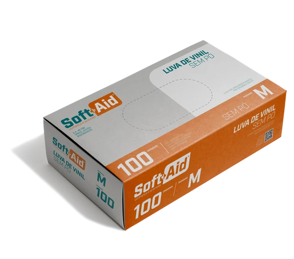 Luva de Vinil Sem Pó - 100 unidades - Tamanho M - Soft Aid