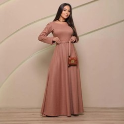 Vestido Longo Godê Canelado Manga Longa Feminino Elegante Inverno