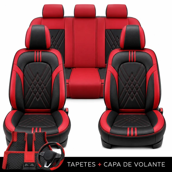 Kit Completo de Capas para Banco de Carro Averon em Couro Legítimo Universal 5 Lugares Com Airbag + Tapetes e Capa de Volante