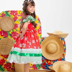 Vestido Junino - Vermelho C/ Verde Xadrez Floral 