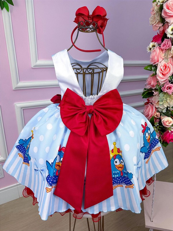 Vestido Temático - Galinha Pintadinha - Azul C/Vermelho 
