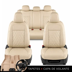 Kit Completo de Capas para Banco de Carro Evurus em Couro Legítimo Universal 5 Lugares Com Airbag + Tapetes e Capa de Volante