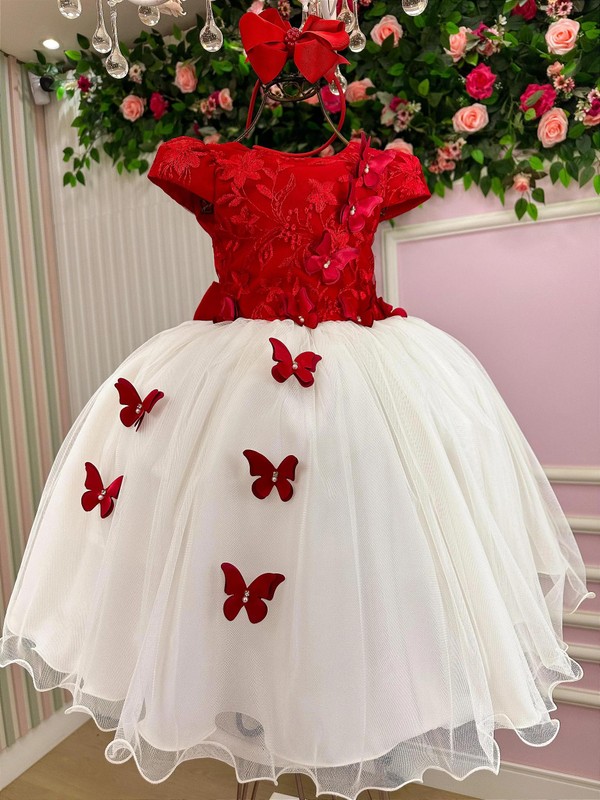 Vestido Glamour - Bordado Aplicações de Borboletas - Vermelho 