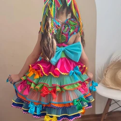 Vestido Junino Luxo - Colorido Com aplicações de Flores de Tecido