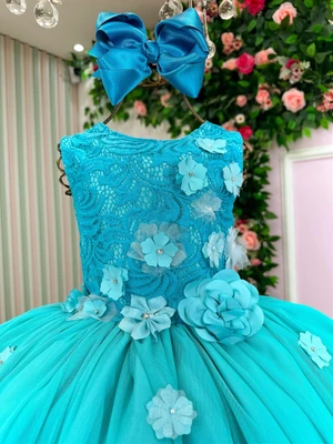 Vestido Luxo Bordado Floral - Verde Tiffany 