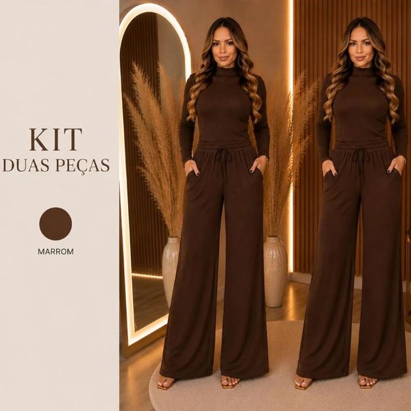 Conjunto Feminino Inverno Calça Pantalona e Blusa Manga Longa Elegante