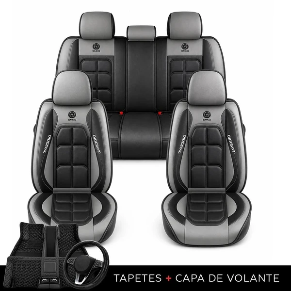 Kit Completo de Capas para Banco de Carro Velox em Couro Legítimo Universal 5 Lugares Com Airbag + Tapetes e Capa de Volante
