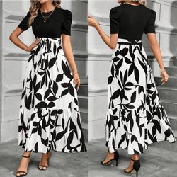 Vestido Longo Estampado Floral Feminino Com Bloco Decote Redondo De Cores Damasco E Cinto Estampado