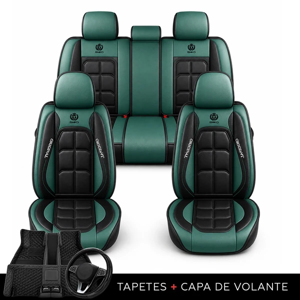 Kit Completo de Capas para Banco de Carro Velox  em Couro Legítimo Universal 5 Lugares Com Airbag + Tapetes e Capa de Volante