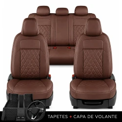 Kit Completo de Capas para Banco de Carro Evurus em Couro Legítimo Universal 5 Lugares Com Airbag + Tapetes e Capa de Volante