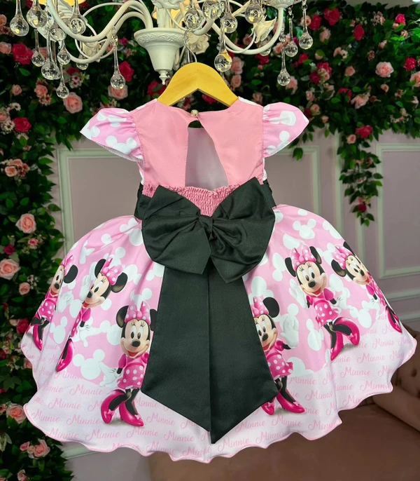 Vestido Temático Estampado - Minnie - Rosa C/Preto 