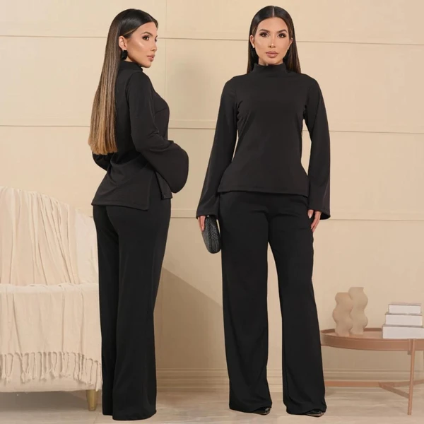 Conjunto Feminino Blusa Gola Alta Manga Longa Flare Mais Calça Pantalona Elegante Inverno Frio