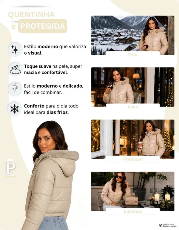 Jaqueta Puffer Feminina De Couro Forrada com Pelinho