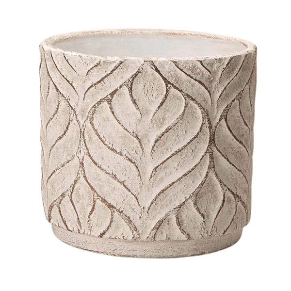 Vaso Cachepot em Cimento Detalhes Folhas Branco 17cm