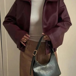 (PAGUE 1, LEVE 2)Jaqueta Casual Solta de Couro Sintético Feminina, Ajuste Regular, Outono/Inverno