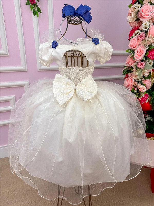 Vestido Glamour Branco - Bordado com Rosas em Azul Marinho