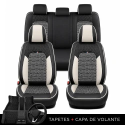 Kit Completo de Capas para Banco de Carro Reverse em Couro Legítimo Universal 5 Lugares Com Airbag + Tapetes e Capa de Volante