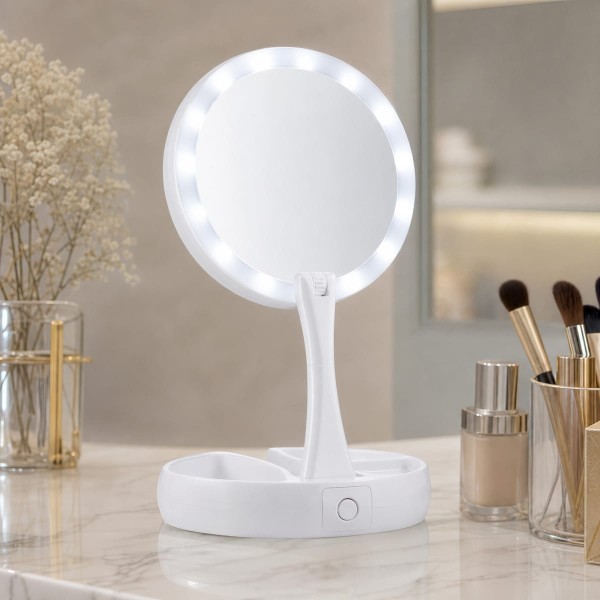Espelho de Maquiagem LED Dupla Face Aumento 10x Retrátil Portátil com Organizador Branco 