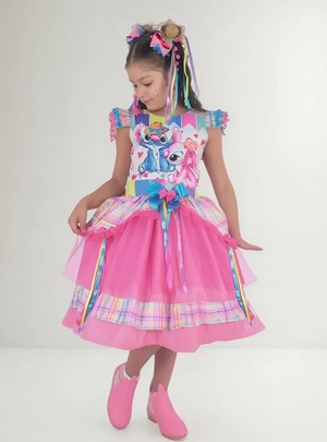 Vestido Stitch e Lilo Festa Junina Xadrez Rosa Quadrilha