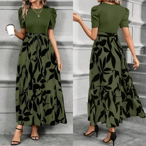 Vestido Longo Estampado Floral Feminino Com Bloco Decote Redondo De Cores Damasco E Cinto Estampado