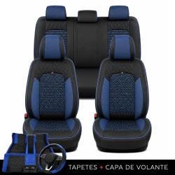 Kit Completo de Capas para Banco de Carro Reverse em Couro Legítimo Universal 5 Lugares Com Airbag + Tapetes e Capa de Volante