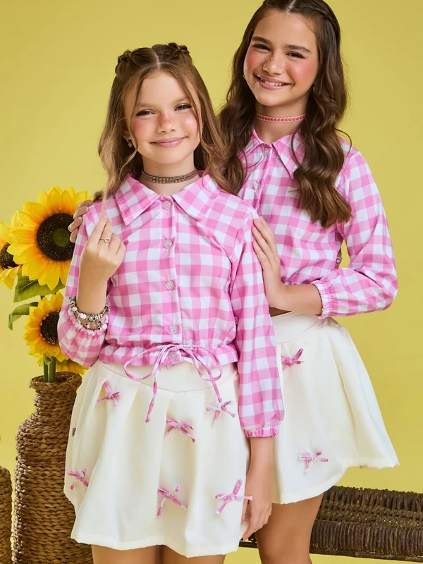 Conjunto Junino – Camisa Xadrez e Saia Rodada Laço – Rosa