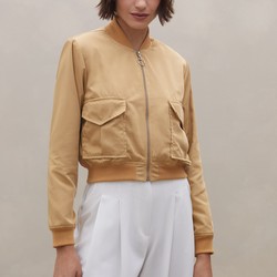 Jaqueta Cropped Bomber com Bolsos e Ombreiras - Bege