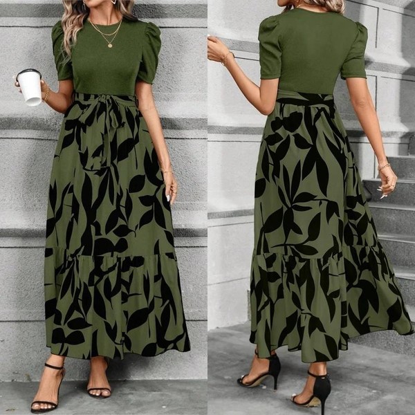 Vestido Longo Estampado Floral Feminino Com Bloco Decote Redondo De Cores Damasco E Cinto Estampado