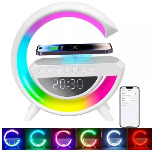 Luminária Inteligente G Speaker 5 em 1 Bluetooth Carregador Sem Fio e Relógio