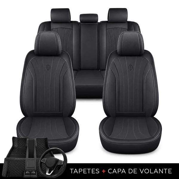Kit Completo de Capas para Banco de Carro Protecar em Couro Legítimo Universal 5 Lugares Com Airbag + Tapetes e Capa de Volante