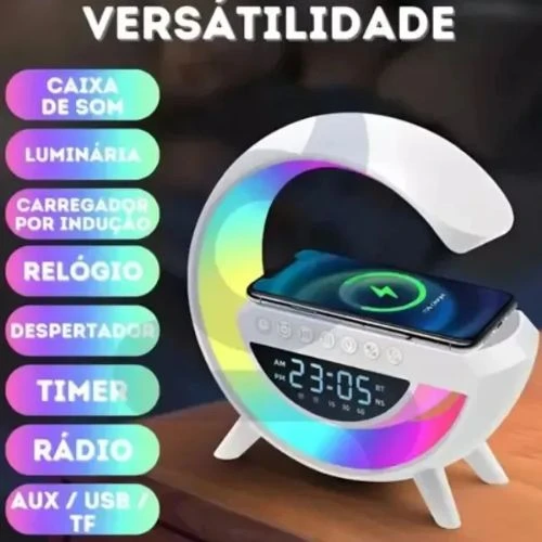 Luminária Inteligente G Speaker 5 em 1 Bluetooth Carregador Sem Fio e Relógio