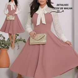 Vestido Feminino Casual Elegante Crepe Malha Detalhe Malha Lesse Moda Evangélica Social Festa 38ao54