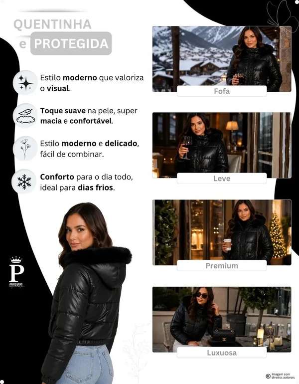 Jaqueta Puffer Feminina De Couro Forrada com Pelinho