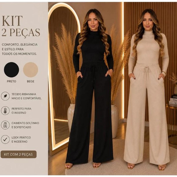 Conjunto Feminino Inverno Calça Pantalona e Blusa Manga Longa Elegante
