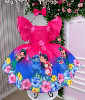 Vestido Temático Luxo Estampado - Lillo & Stitch - Pink  
