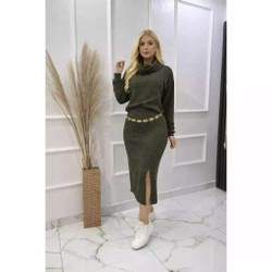Conjunto Feminino Saia Midi+Blusa Manga Longa Gola Alta Tecido Canelado Inverno Elegante com Fenda
