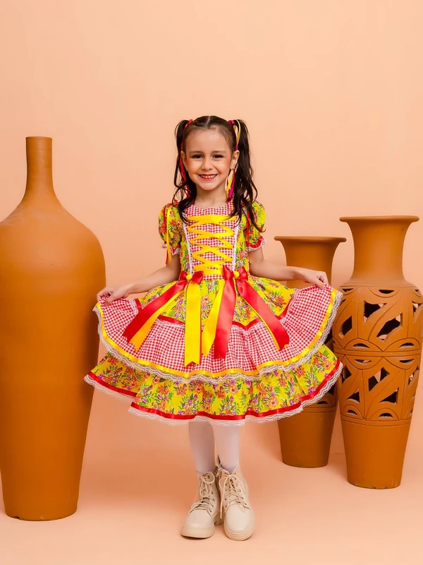 Vestido Junino - Xadrez Florido - Amarelo C/Vermelho