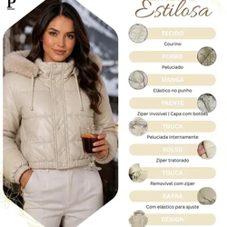 Jaqueta Puffer Feminina De Couro Forrada com Pelinho
