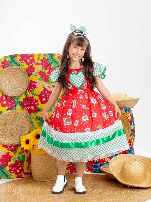 Vestido Junino - Vermelho C/ Verde Xadrez Floral 