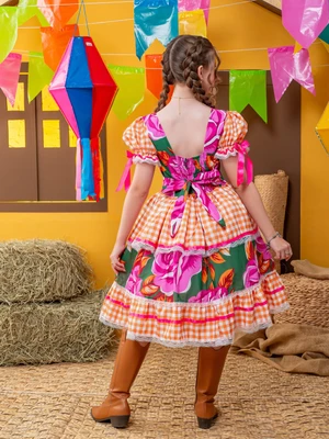 Vestido Junino – Xadrez Com Rosas e Laço -  Laranja C/Rosa