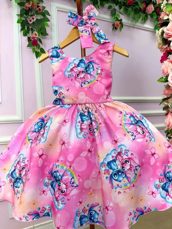 Vestido Temático - Stitch e Angel - Rosa Color 