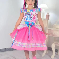 Vestido Stitch e Lilo Festa Junina Xadrez Rosa Quadrilha