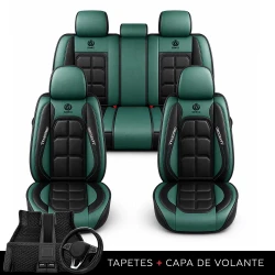 Kit Completo de Capas para Banco de Carro Velox em Couro Legítimo Universal 5 Lugares Com Airbag + Tapetes e Capa de Volante