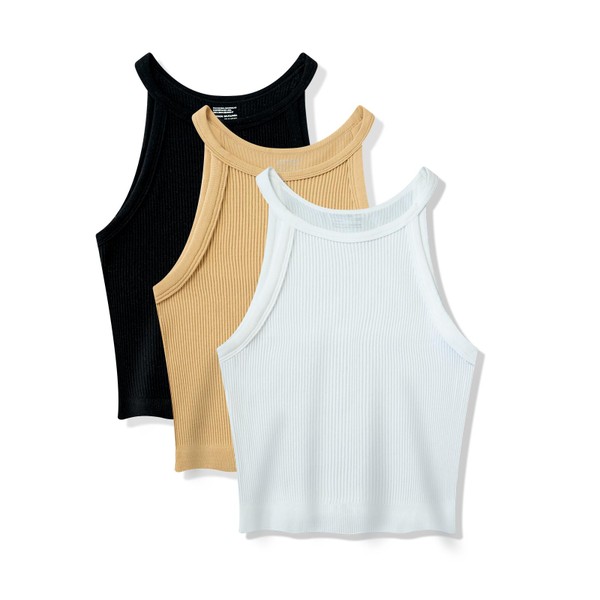 3 Peças Cropped Regata de gola alta sexy，Top curto justo sem mangas，Regata de tricô casual 