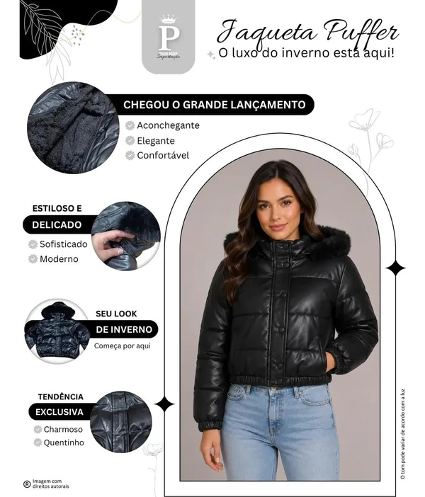 Jaqueta Puffer Feminina De Couro Forrada com Pelinho