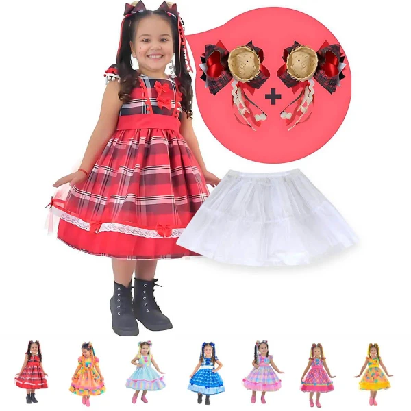 Vestido Festa Junina Xadrez  + Saia de Armação + 2 Laços